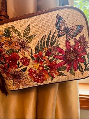 Brighton Floral Embroidered Straw Crossbody Bag in Natural and Brown